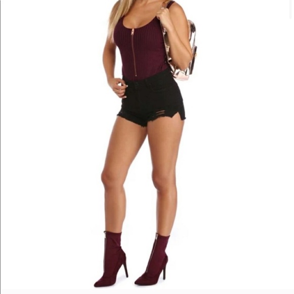 ♦️ LAST Zip Up Ribbed Tank Bodysuit Burgundy - Picture 2 of 8